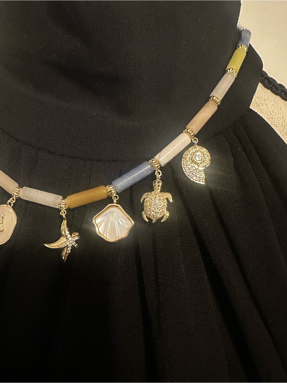 Eye Candy Los Angeles Gold Sea Charm Necklace with Blue, Gray and Tan Beads - Picture 2 of 7
